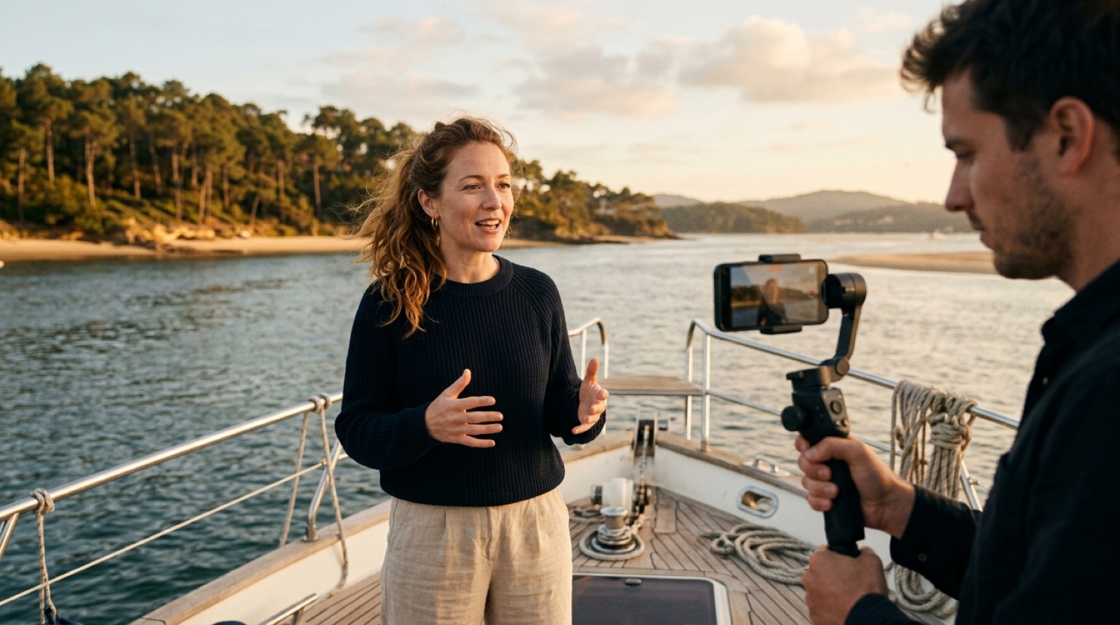 Illustration : une présentatrice sur un bateau, filmée par un smartphone sur nacelle motorisée