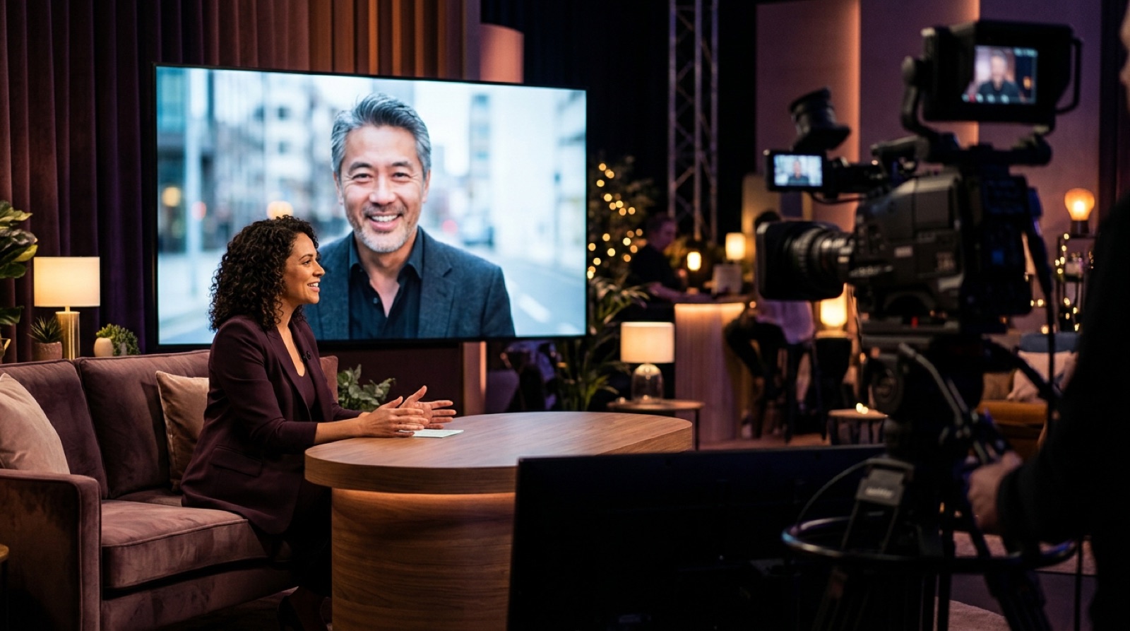 Illustration: a warmly lit talk show set with a host and a remote guest on a large screen