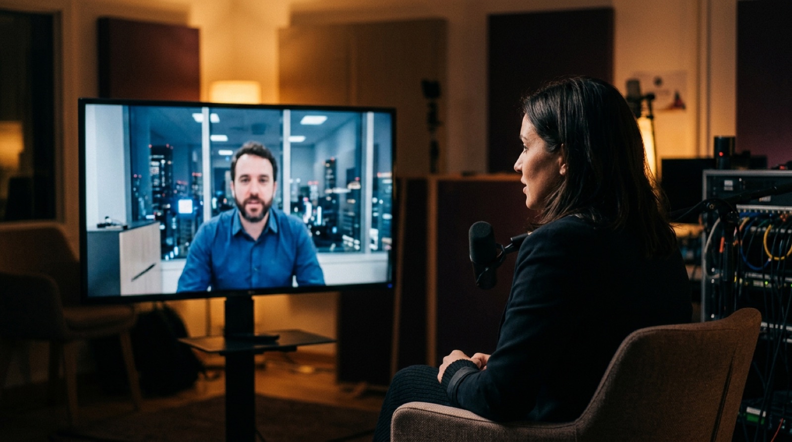 Illustration: a journalist in a studio talking with a guest abroad shown on a large screen