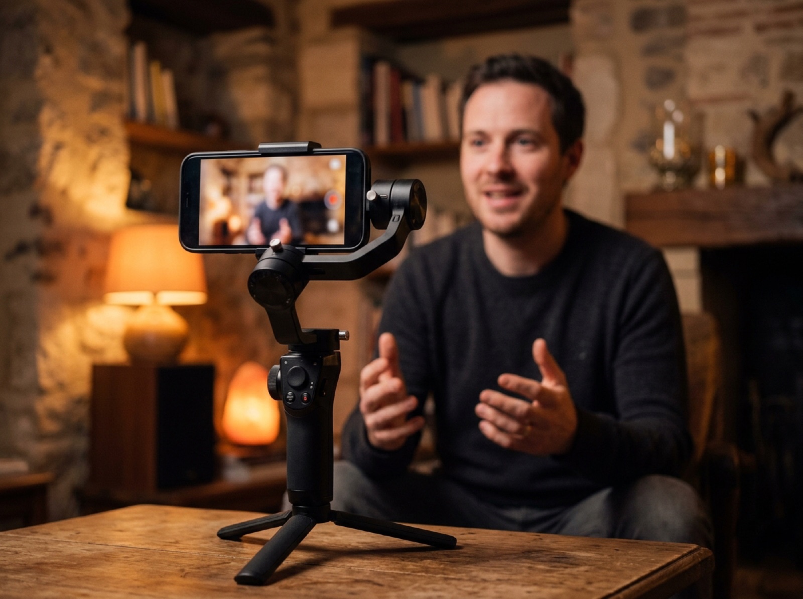 Illustration : un smartphone sur nacelle motorisée filme un intervenant